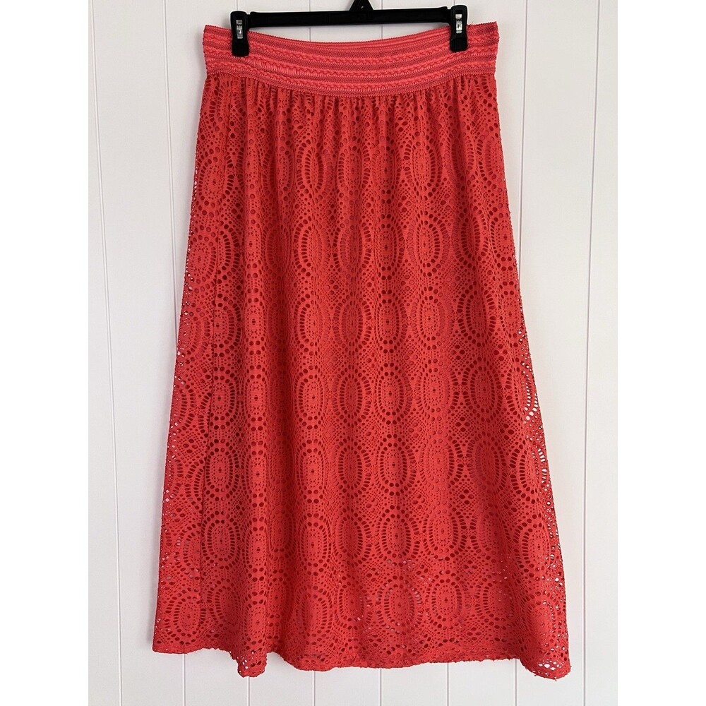 Me 2 Magic Coral Orange Eyelet Lace Maxi Skirt Stretchy Elastic Pull On Plus 3X